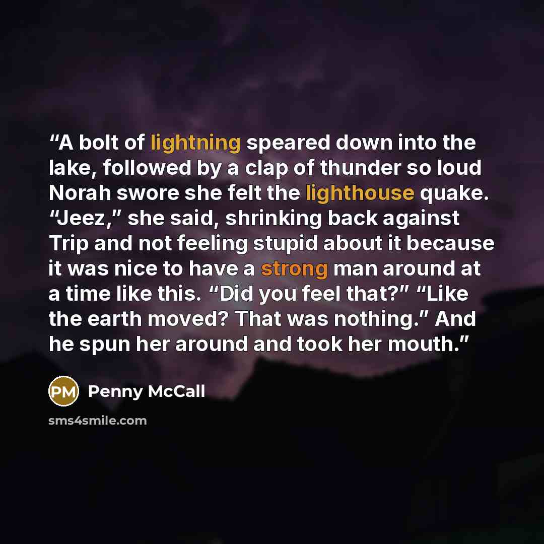 “A bolt of lightning speared down into the lake, followed by a clap of thunder so loud Norah swore she felt the lighthouse quake. “Jeez,” she said, shrinking back against Trip and not feeling stupid about it because it was nice to have a strong man around at a time like this. “Did you feel that?”…” quote by Penny McCall