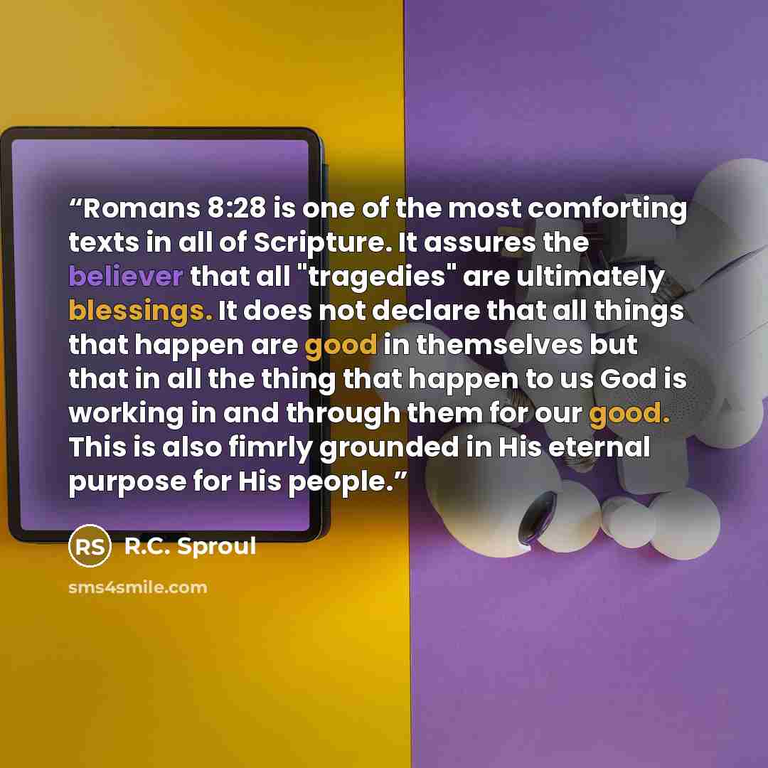 “Romans 8:28 is one of the most comforting texts in all of Scripture. It assures the believer that all "tragedies" are ultimately blessings. It does not declare that all things that happen are good in themselves but that in all the thing that happen to us God is working in and through them for our…” quote by R.C. Sproul