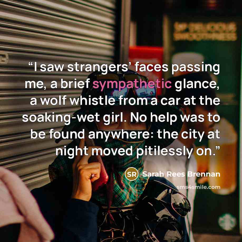 “I saw strangers’ faces passing me, a brief sympathetic glance, a wolf whistle from a car at the soaking-wet girl. No help was to be found anywhere: the city at night moved pitilessly on.” quote by Sarah Rees Brennan