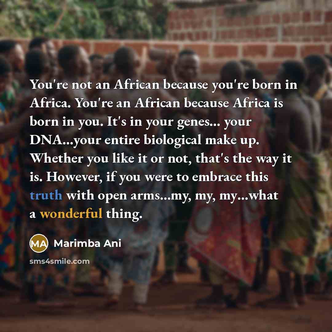 “You're not an African because you're born in Africa. You're an African because Africa is born in you. It's in your genes… your DNA…your entire biological make up. Whether you like it or not, that's the way it is. However, if you were to embrace this truth with open arms…my, my, my…what a wonderful…” quote by Marimba Ani