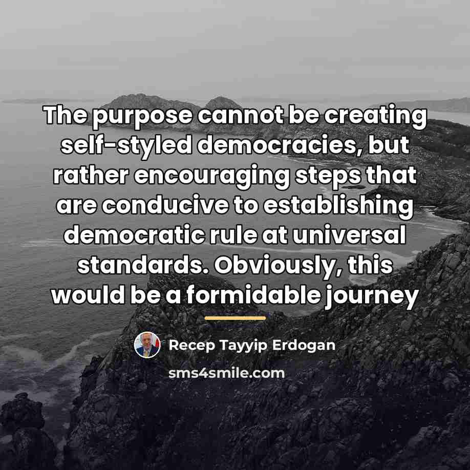 “The purpose cannot be creating self-styled democracies, but rather encouraging…” quote by Recep Tayyip Erdogan