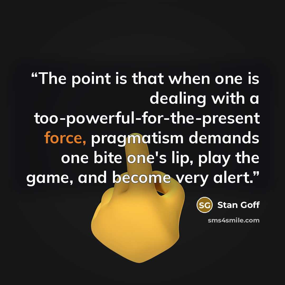 “The point is that when one is dealing with a too-powerful-for-the-present force, pragmatism demands one bite one's lip, play the game, and become very alert.” quote by Stan Goff