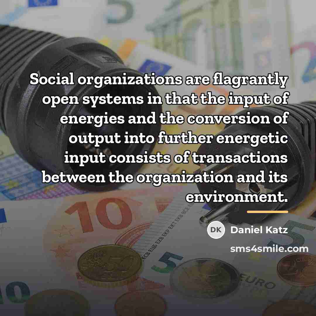 “Social organizations are flagrantly open systems in that the input…” quote by Daniel Katz