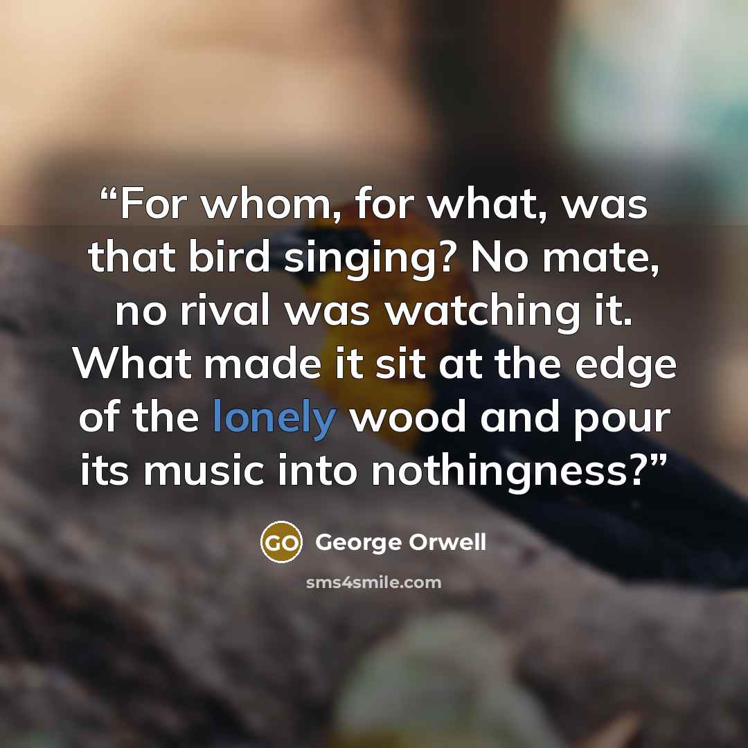 “For whom, for what, was that bird singing? No mate, no rival was watching it. What made it sit at the edge of the lonely wood and pour its music into nothingness?” quote by George Orwell