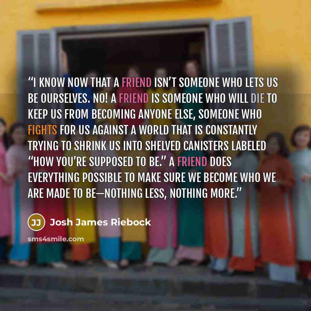 “I know now that a friend isn’t someone who lets us be ourselves. No! A friend is someone who will die to keep us from becoming anyone else, someone who fights for us against a world that is constantly trying to shrink us into shelved canisters labeled “how you’re supposed to be.” A friend does…” quote by Josh James Riebock