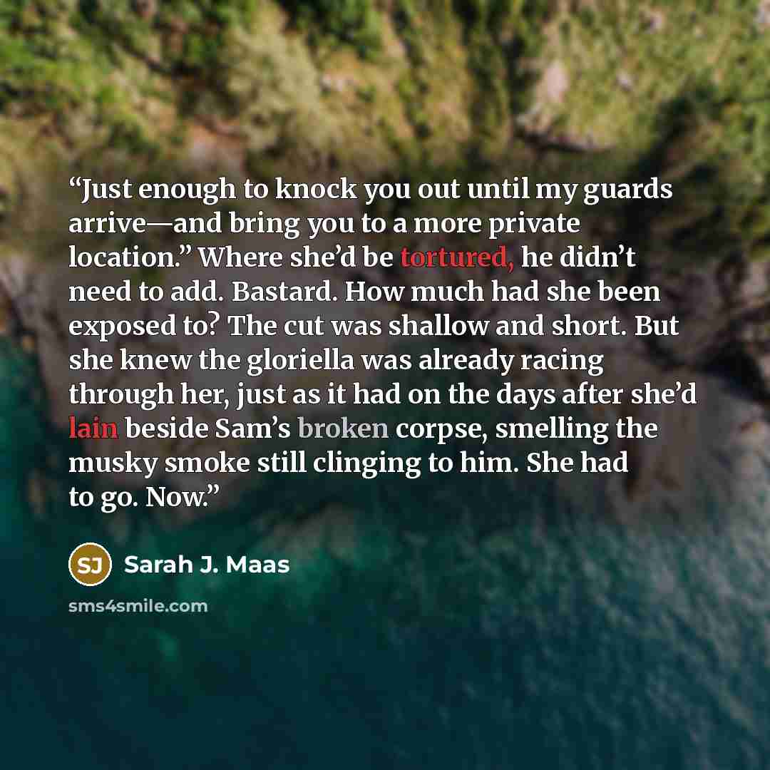 “Just enough to knock you out until my guards arrive—and bring you to a more private location.” Where she’d be tortured, he didn’t need to add. Bastard. How much had she been exposed to? The cut was shallow and short. But she knew the gloriella was already racing through her, just as it had on the…” quote by Sarah J. Maas