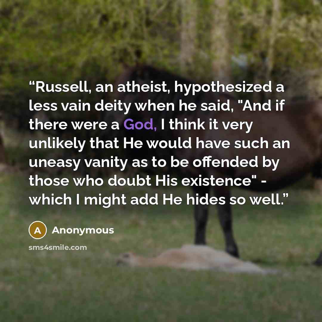 “Russell, an atheist, hypothesized a less vain deity when he said, "And if there were a God, I think it very unlikely that He would have such an uneasy vanity as to be offended by those who doubt His existence" - which I might add He hides so well.” quote by Anonymous