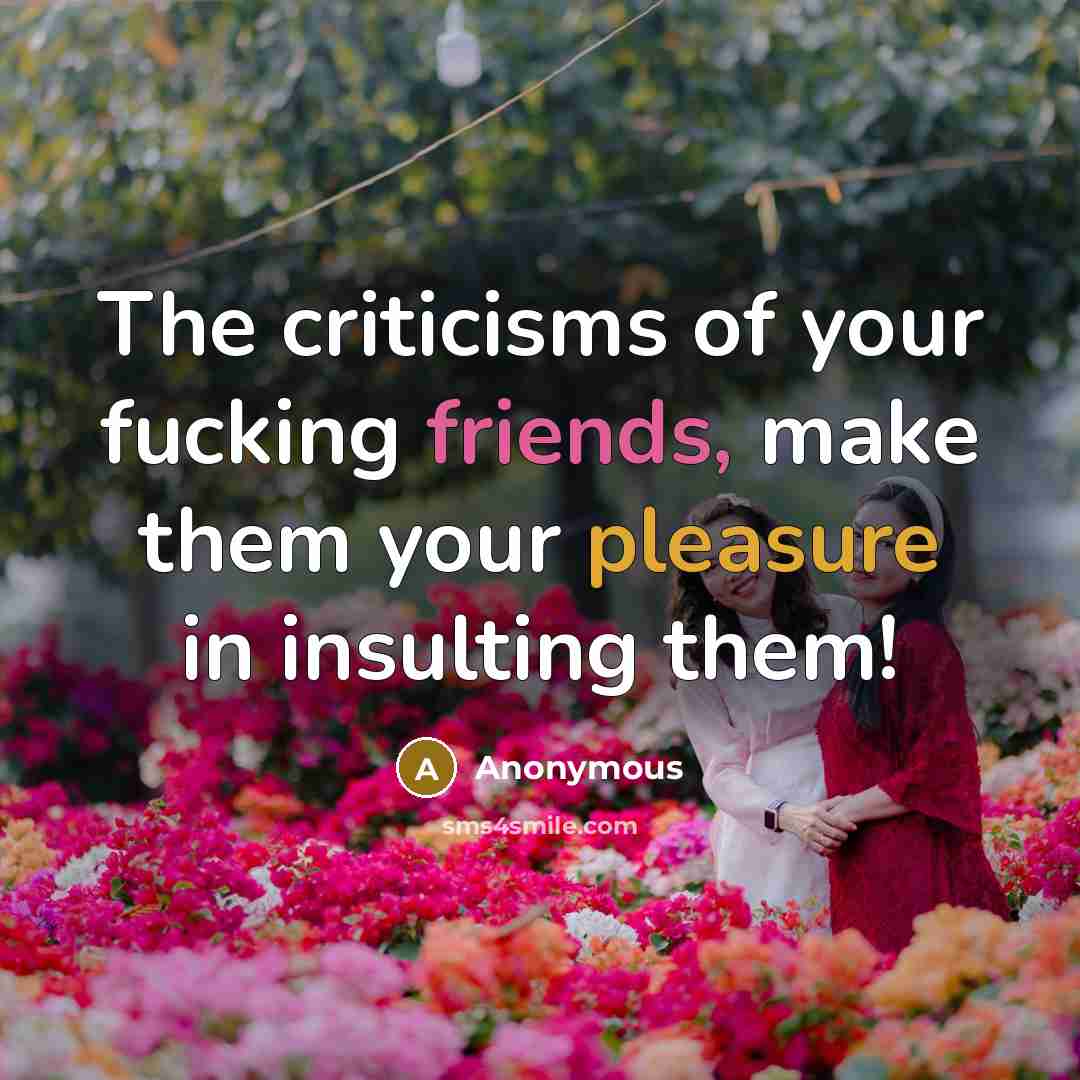 “The criticisms of your fucking friends, make them your pleasure in insulting them!” quote by Anonymous