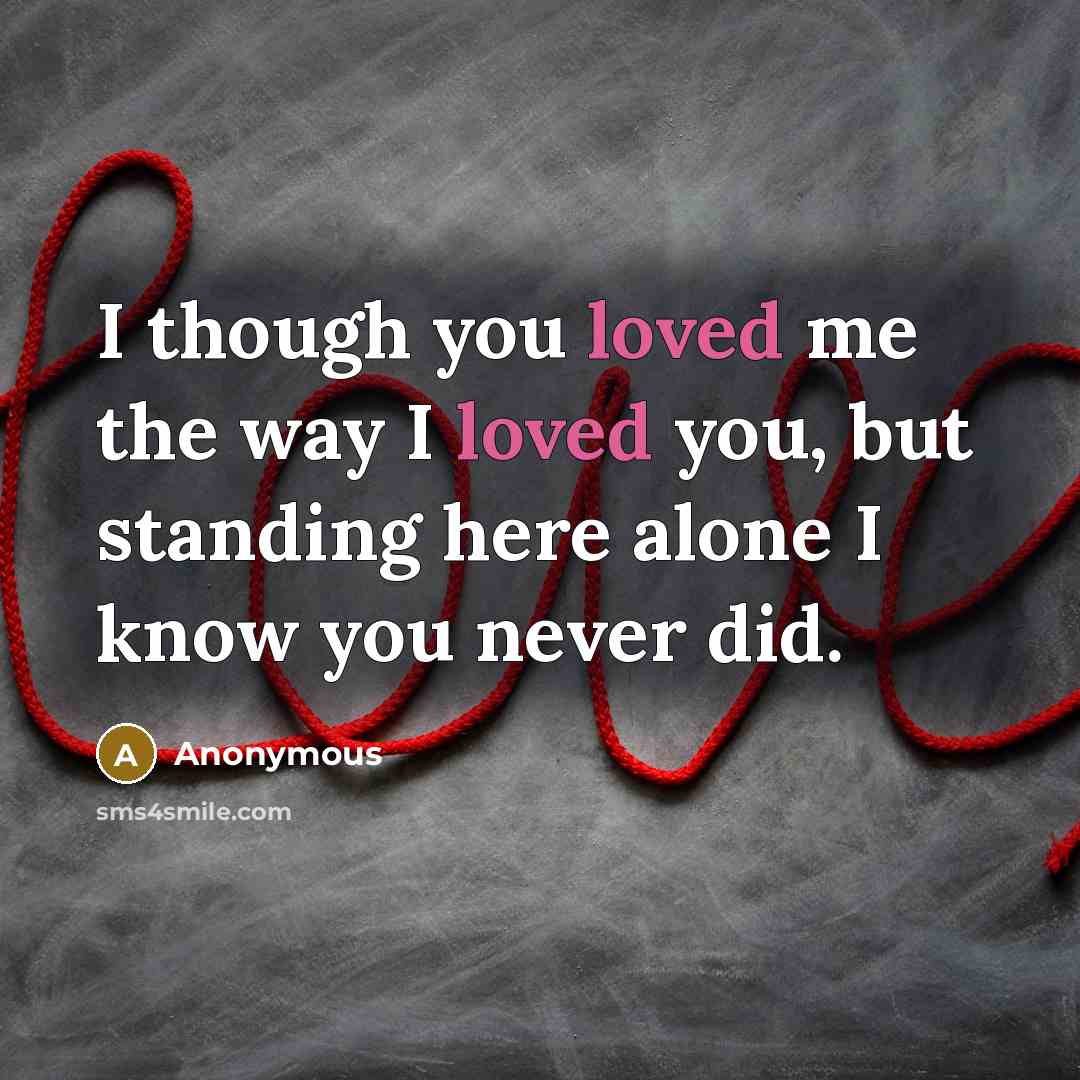 “I though you loved me the way I loved you, but standing here alone I know you never did.” quote by Anonymous