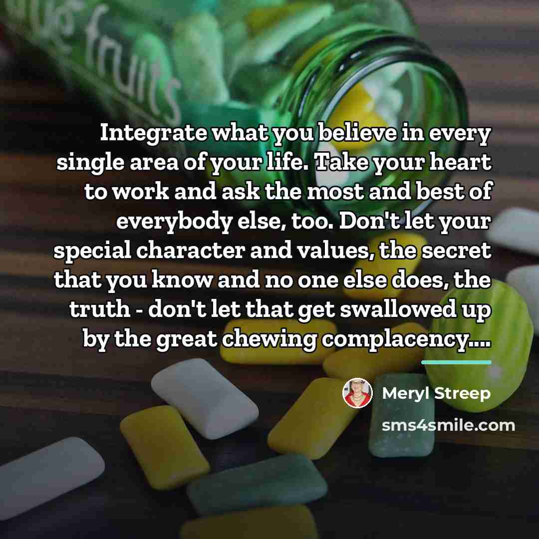 “Integrate what you believe in every single area of your…” quote by Meryl Streep