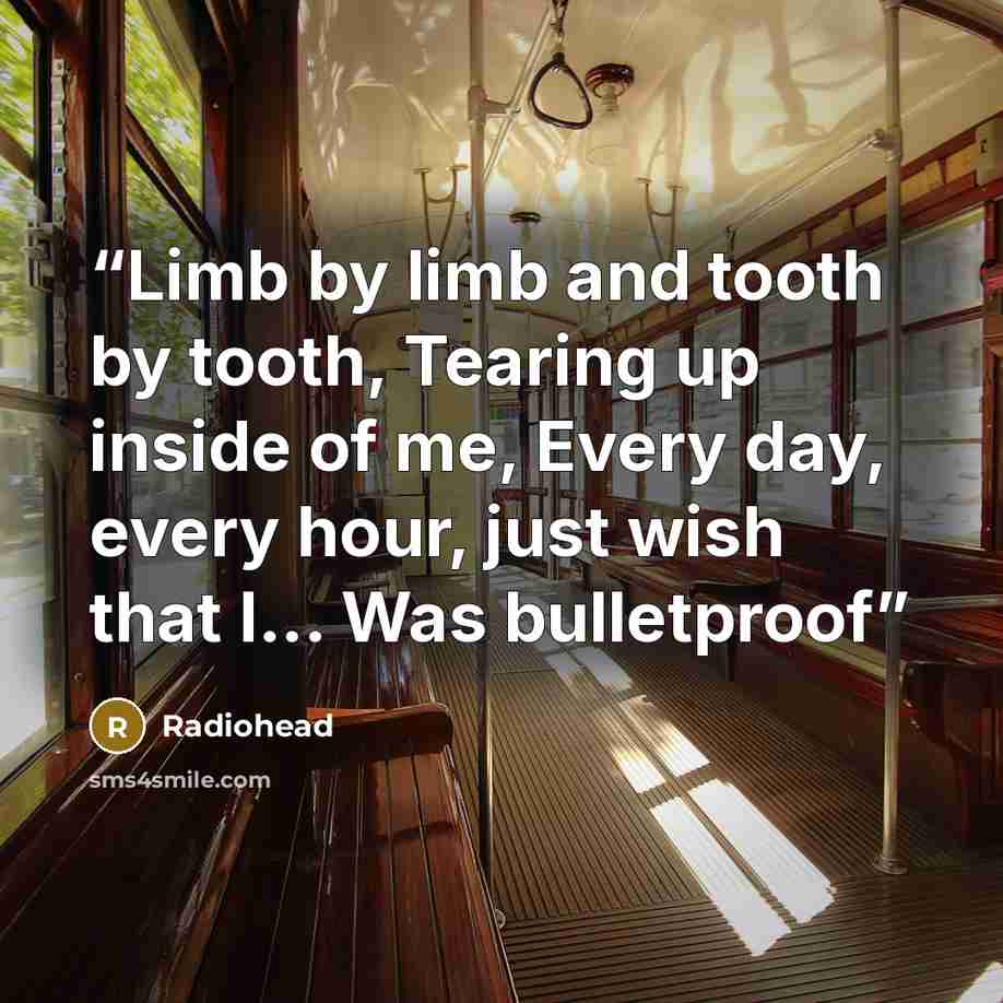 “Limb by limb and tooth by tooth, Tearing up inside of me, Every day, every hour, just wish that I... Was bulletproof” quote by Radiohead