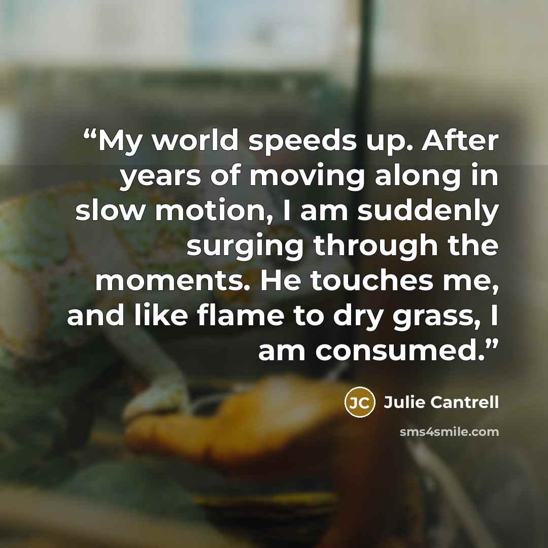 “My world speeds up. After years of moving along in slow motion, I am suddenly surging through the moments. He touches me, and like flame to dry grass, I am consumed.” quote by Julie Cantrell