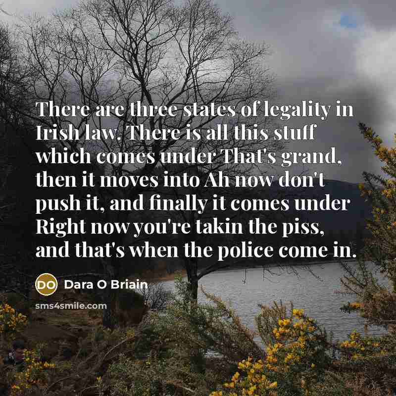 “There are three states of legality in Irish law. There is all this stuff which comes under That's grand, then it moves into Ah now don't push it, and finally it comes under Right now you're takin the piss, and that's when the police come in.” quote by Dara O Briain