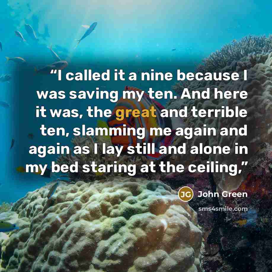 “I called it a nine because I was saving my ten. And here it was, the great and terrible ten, slamming me again and again as I lay still and alone in my bed staring at the ceiling,” quote by John Green