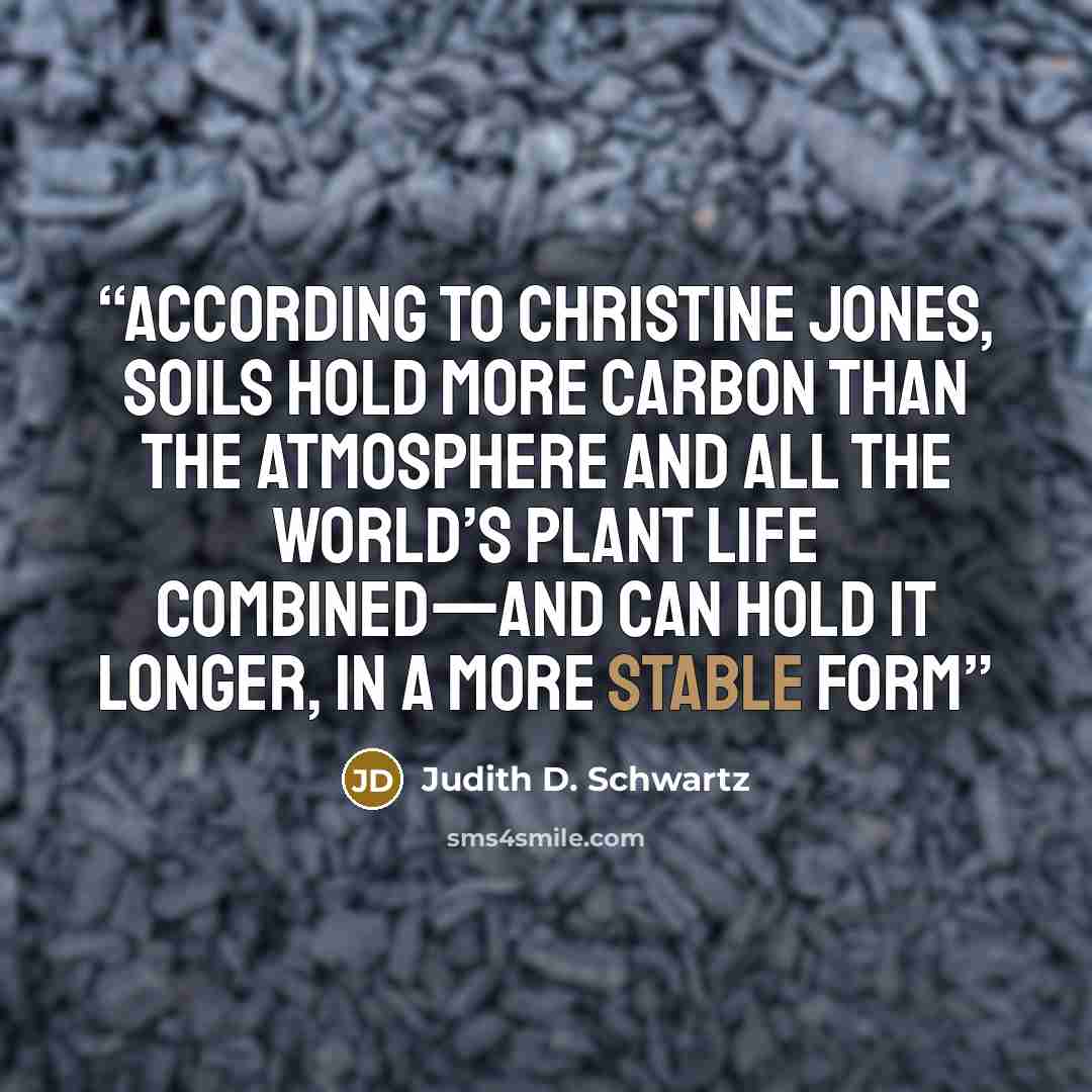 “According to Christine Jones, soils hold more carbon than the atmosphere and all the world’s plant life combined—and can hold it longer, in a more stable form” quote by Judith D. Schwartz
