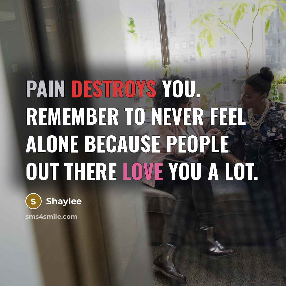“Pain destroys you. remember to never feel alone because people out there love you a lot.” quote by Shaylee