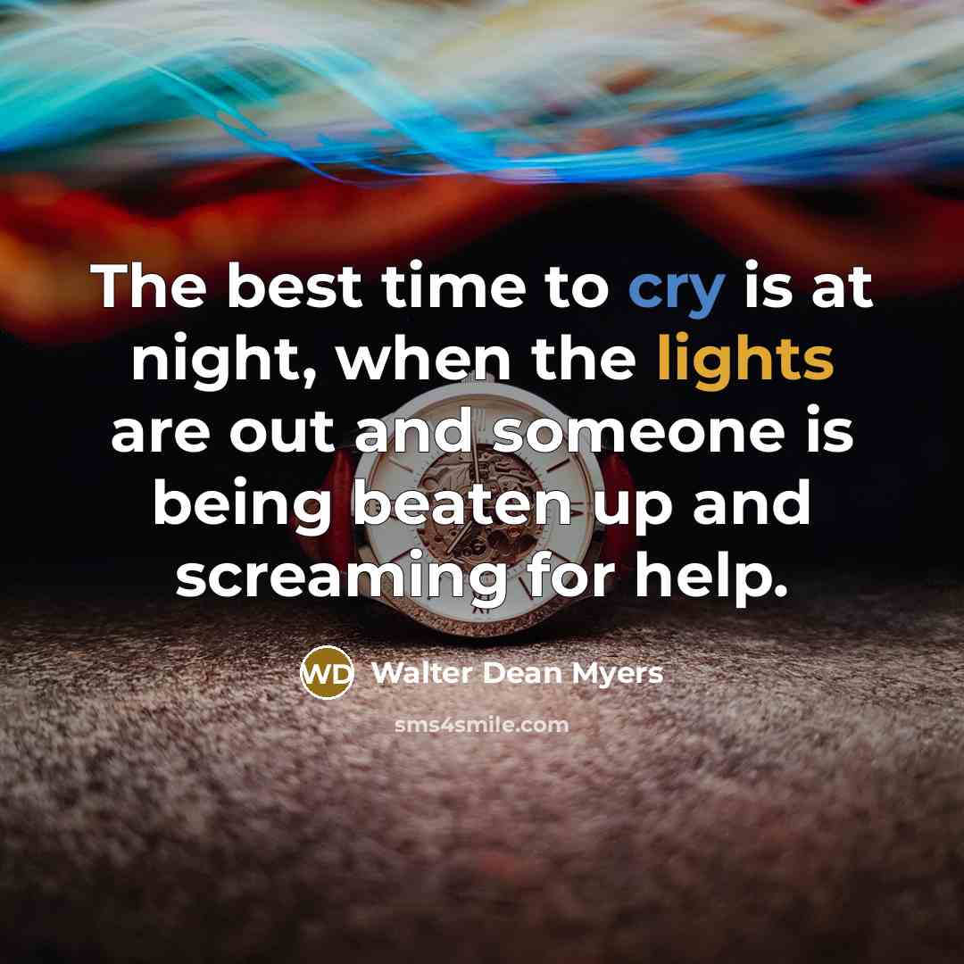 “The best time to cry is at night, when the lights are out and someone is being beaten up and screaming for help.” quote by Walter Dean Myers