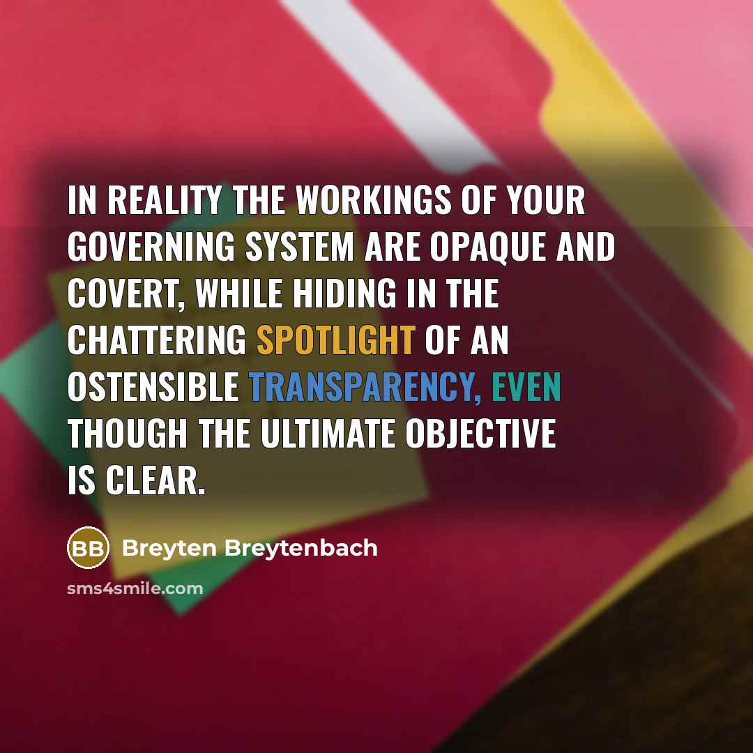 “In reality the workings of your governing system are opaque…” quote by Breyten Breytenbach