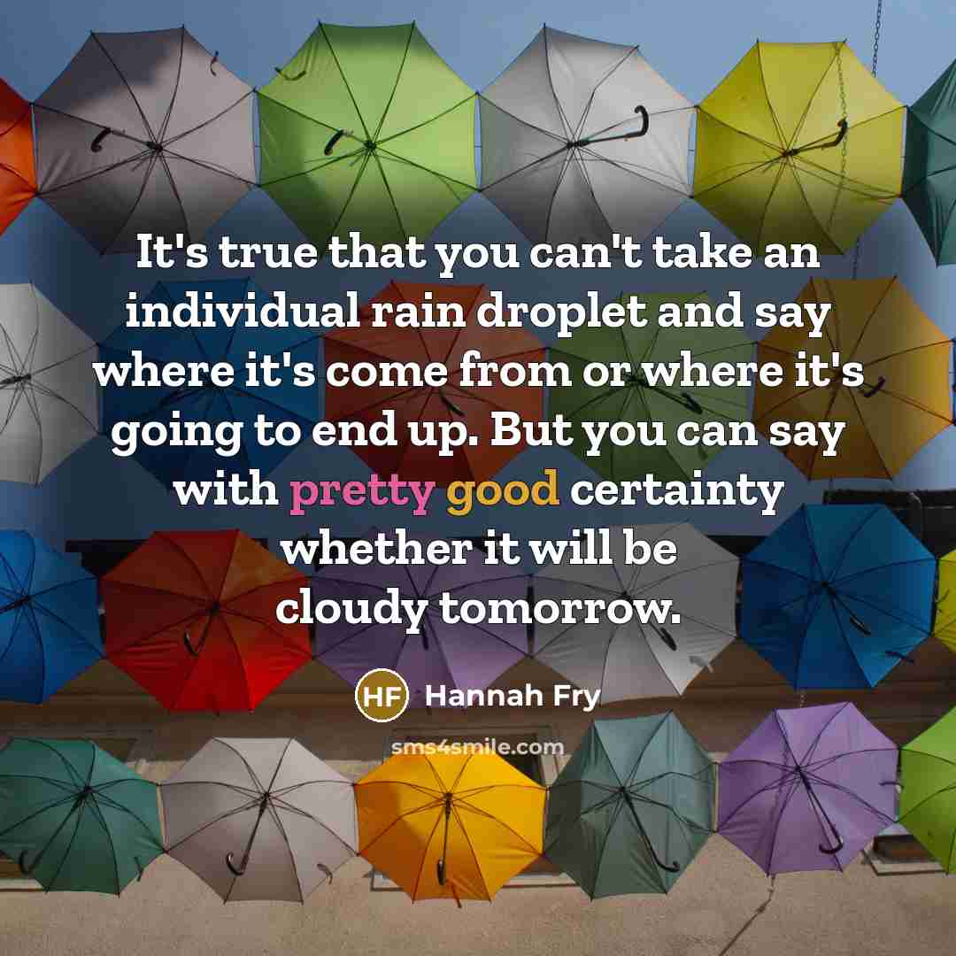 “It's true that you can't take an individual rain droplet and say where it's come from or where it's going to end up. But you can say with pretty good certainty whether it will be cloudy tomorrow.” quote by Hannah Fry