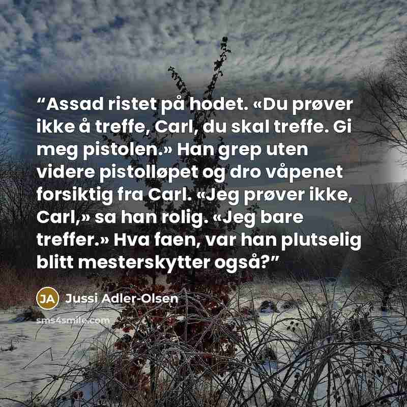 “Assad ristet på hodet. «Du prøver ikke å treffe, Carl, du skal treffe. Gi meg pistolen.» Han grep uten videre pistolløpet og dro våpenet forsiktig fra Carl. «Jeg prøver ikke, Carl,» sa han rolig. «Jeg bare treffer.» Hva faen, var han plutselig blitt mesterskytter også?” quote by Jussi Adler-Olsen
