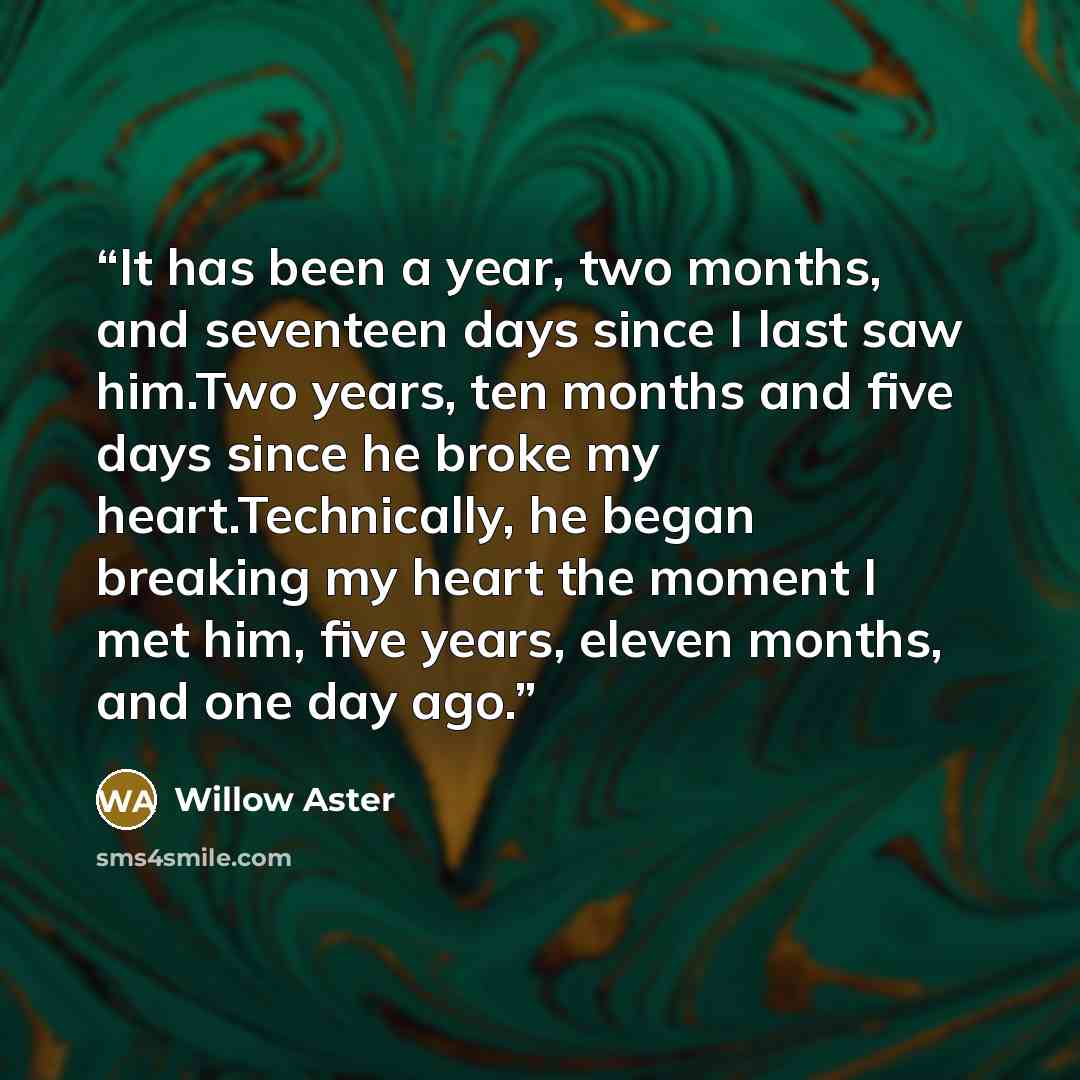 “It has been a year, two months, and seventeen days since I last saw him.Two years, ten months and five days since he broke my heart.Technically, he began breaking my heart the moment I met him, five years, eleven months, and one day ago.” quote by Willow Aster