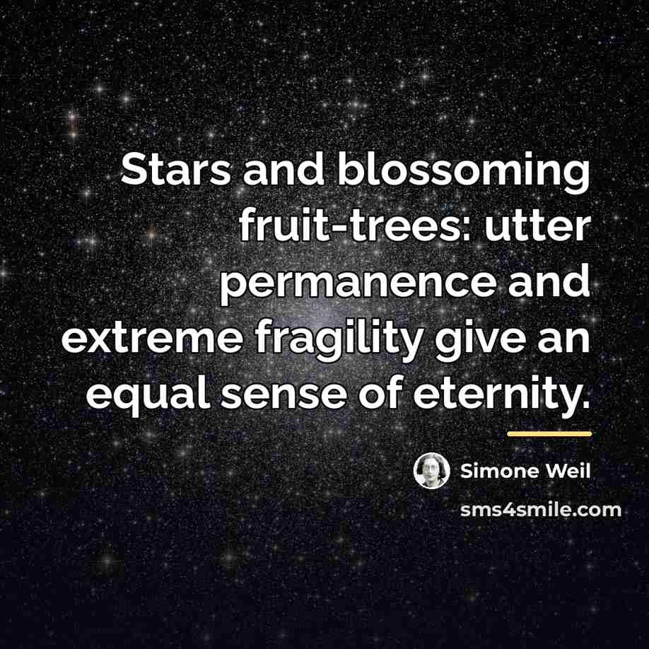“Stars and blossoming fruit-trees: utter permanence and extreme fragility give…” quote by Simone Weil