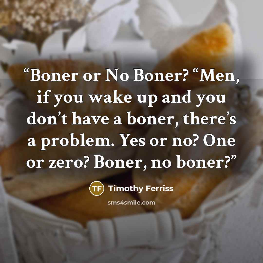 “Boner or No Boner? “Men, if you wake up and you don’t have a boner, there’s a problem. Yes or no? One or zero? Boner, no boner?” quote by Timothy Ferriss