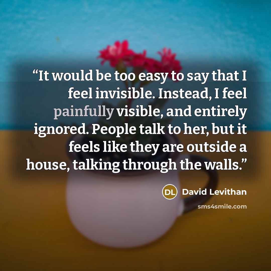 “It would be too easy to say that I feel invisible. Instead, I feel painfully visible, and entirely ignored. People talk to her, but it feels like they are outside a house, talking through the walls.” quote by David Levithan