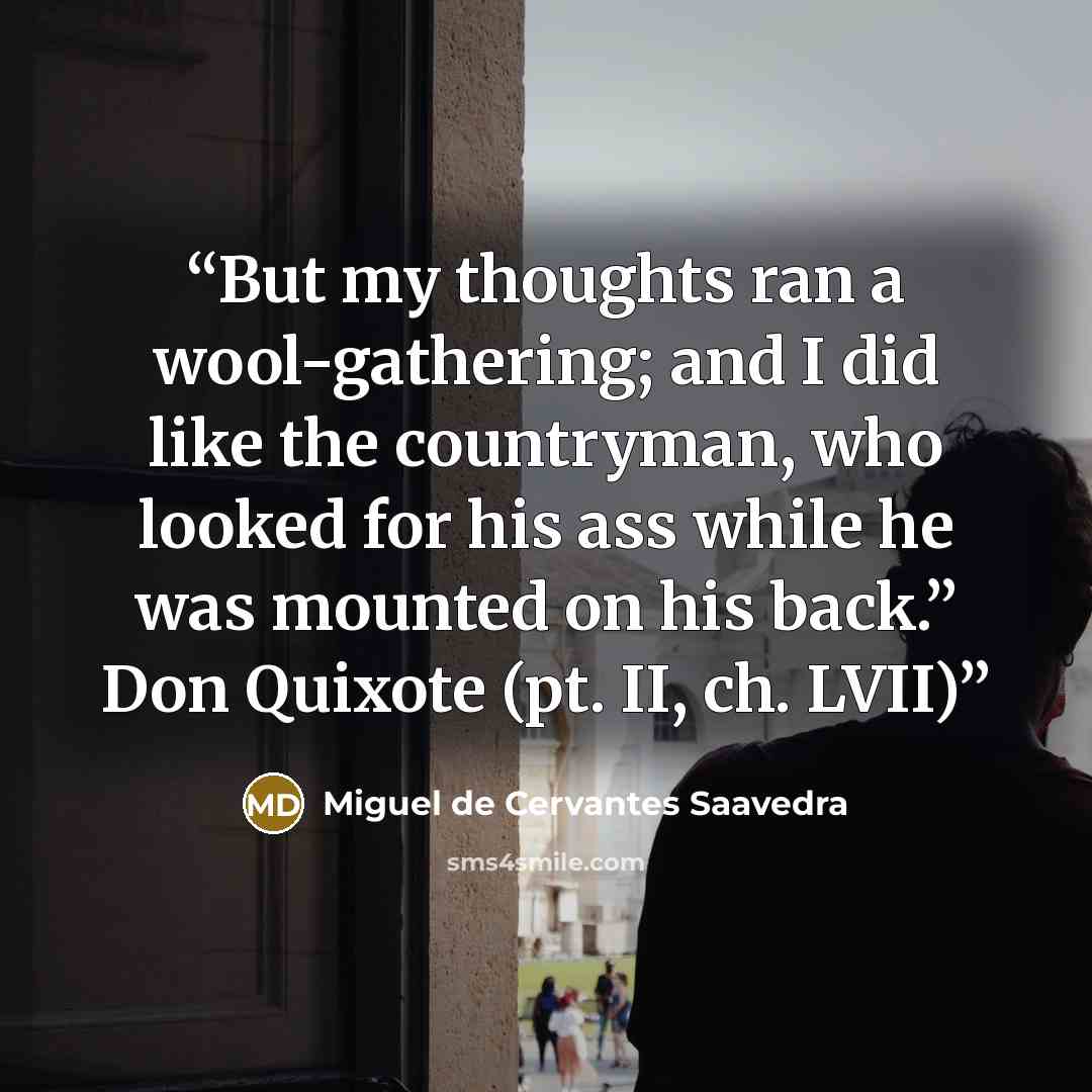 “But my thoughts ran a wool-gathering; and I did like the countryman, who looked for his ass while he was mounted on his back.” Don Quixote (pt. II, ch. LVII)” quote by Miguel de Cervantes Saavedra