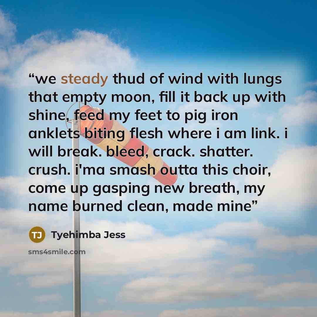 “we steady thud of wind with lungs that empty moon, fill it back up with shine, feed my feet to pig iron anklets biting flesh where i am link. i will break. bleed, crack. shatter. crush. i'ma smash outta this choir, come up gasping new breath, my name burned clean, made mine” quote by Tyehimba Jess