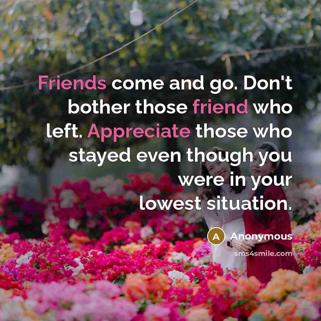 “Friends come and go. Don't bother those friend who left. Appreciate those who stayed even though you were in your lowest situation.” quote by Anonymous