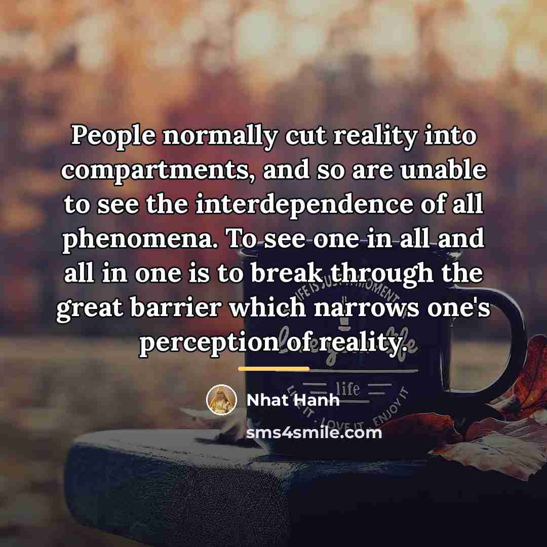 “People normally cut reality into compartments, and so are unable…” quote by Nhat Hanh