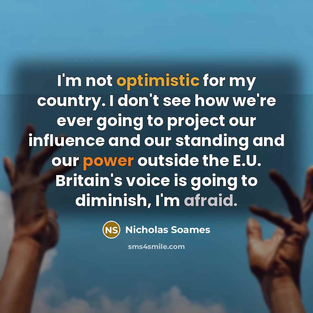 “I'm not optimistic for my country. I don't see how we're ever going to project our influence and our standing and our power outside the E.U. Britain's voice is going to diminish, I'm afraid.” quote by Nicholas Soames