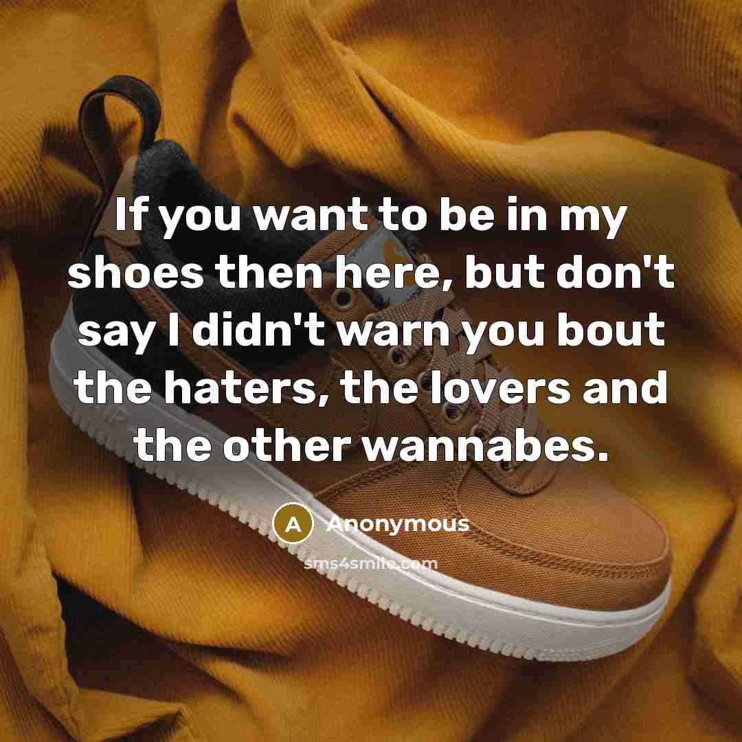 “If you want to be in my shoes then here, but don't say I didn't warn you bout the haters, the lovers and the other wannabes.” quote by Anonymous