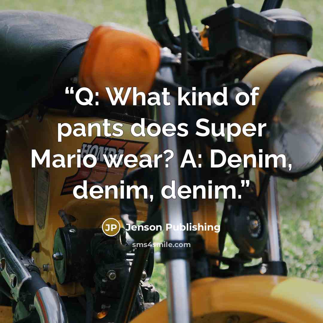 “Q: What kind of pants does Super Mario wear? A: Denim, denim, denim.” quote by Jenson Publishing
