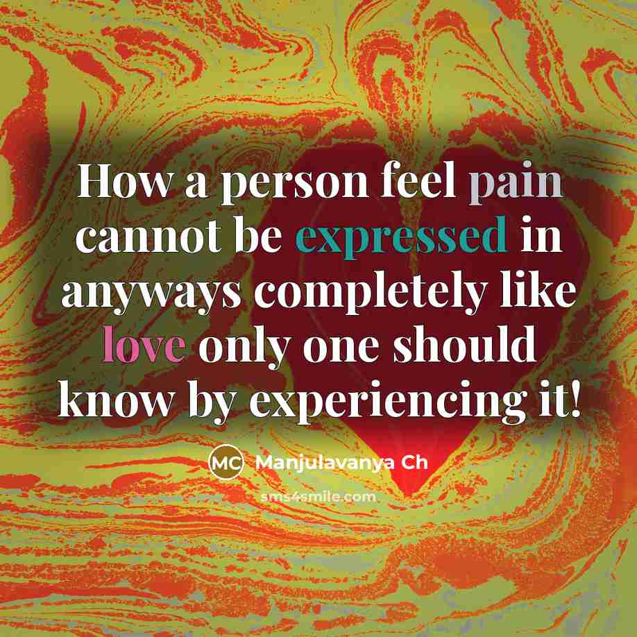 “How a person feel pain cannot be expressed in anyways completely like love only one should know by experiencing it!” quote by Manjulavanya Ch