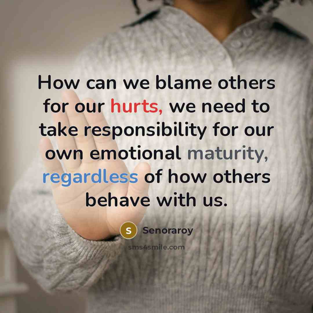 “How can we blame others for our hurts, we need to take responsibility for our own emotional maturity, regardless of how others behave with us.” quote by Senoraroy