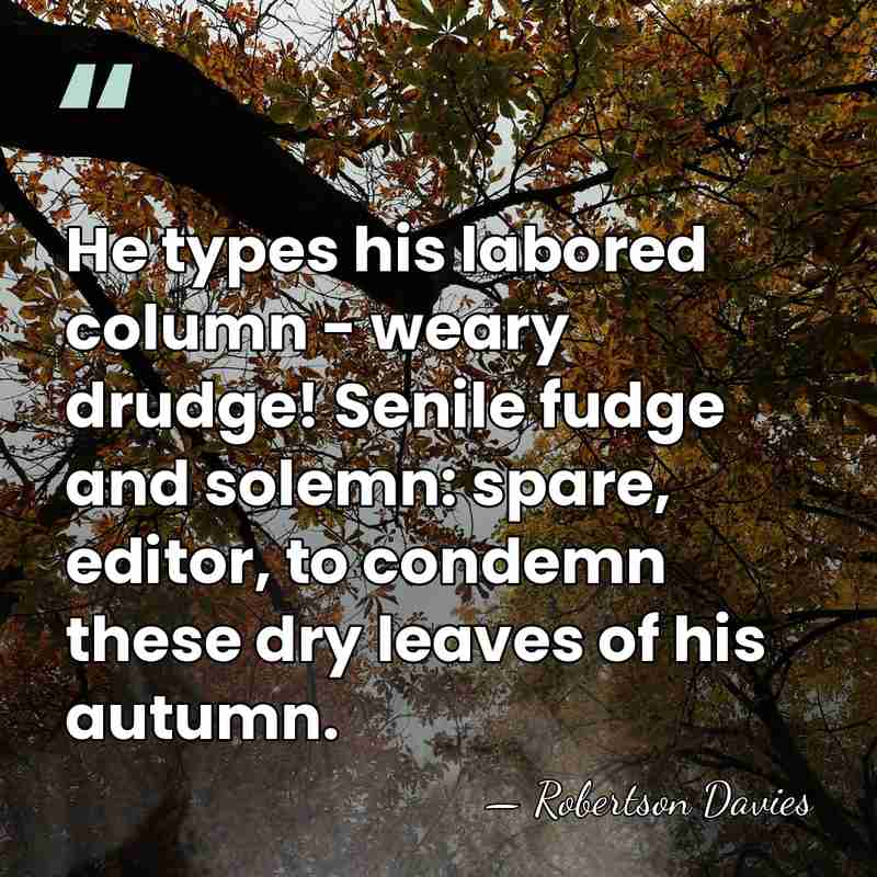 He types his labored column - weary drudge! Senile fudge and solemn:&hellip; - Robertson Davies