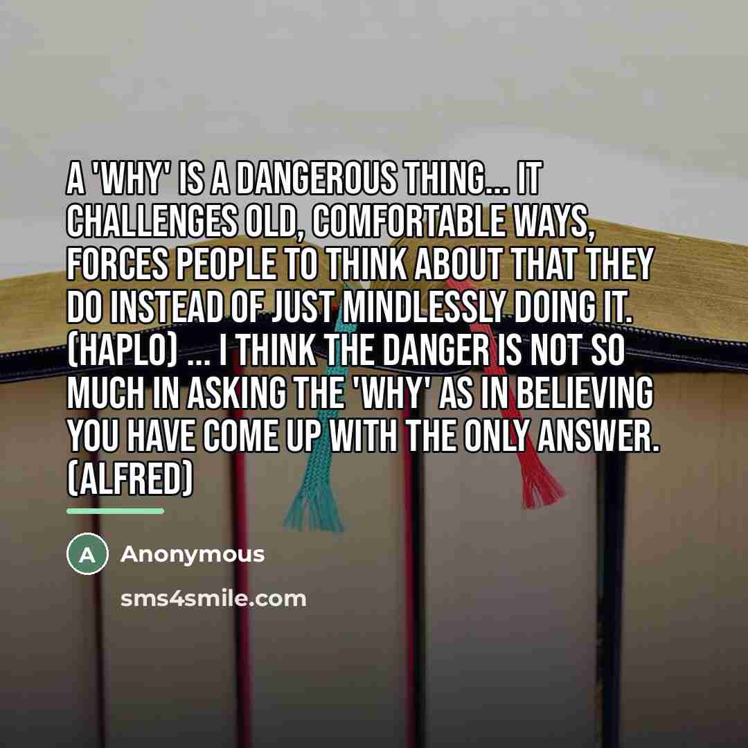 “A 'why' is a dangerous thing... It challenges old, comfortable…” quote by Anonymous