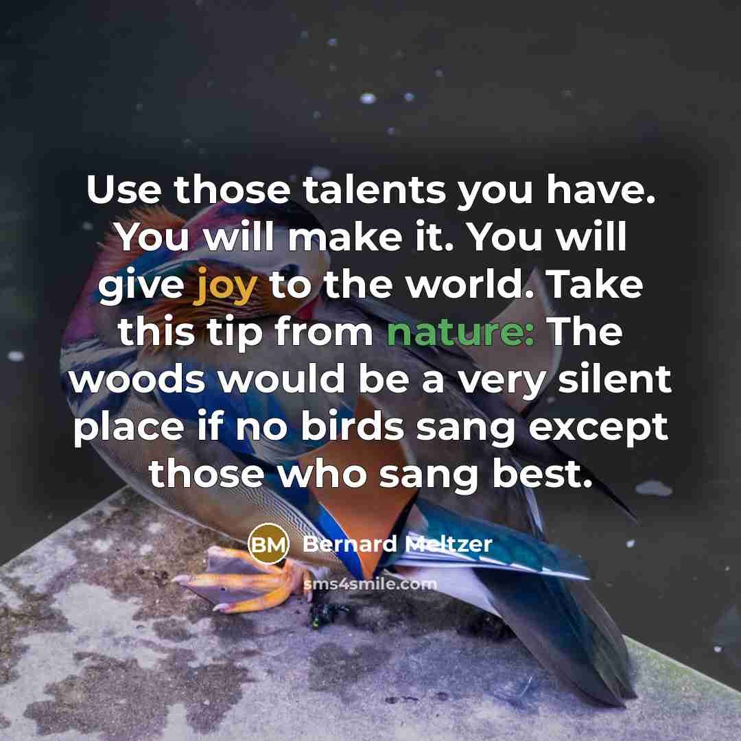 “Use those talents you have. You will make it. You will give joy to the world. Take this tip from nature: The woods would be a very silent place if no birds sang except those who sang best.” quote by Bernard Meltzer