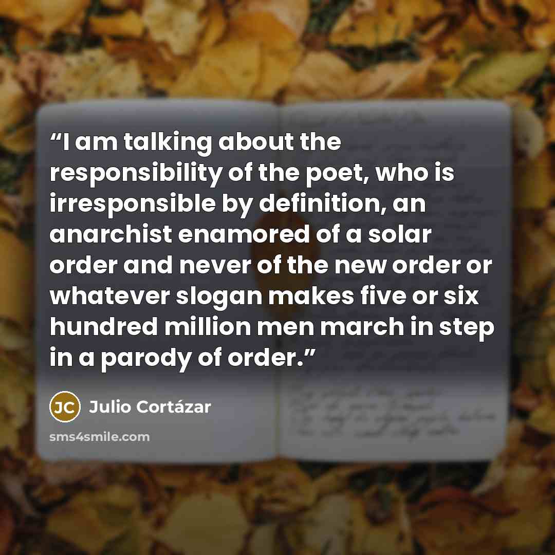 “I am talking about the responsibility of the poet, who is irresponsible by definition, an anarchist enamored of a solar order and never of the new order or whatever slogan makes five or six hundred million men march in step in a parody of order.” quote by Julio Cortázar