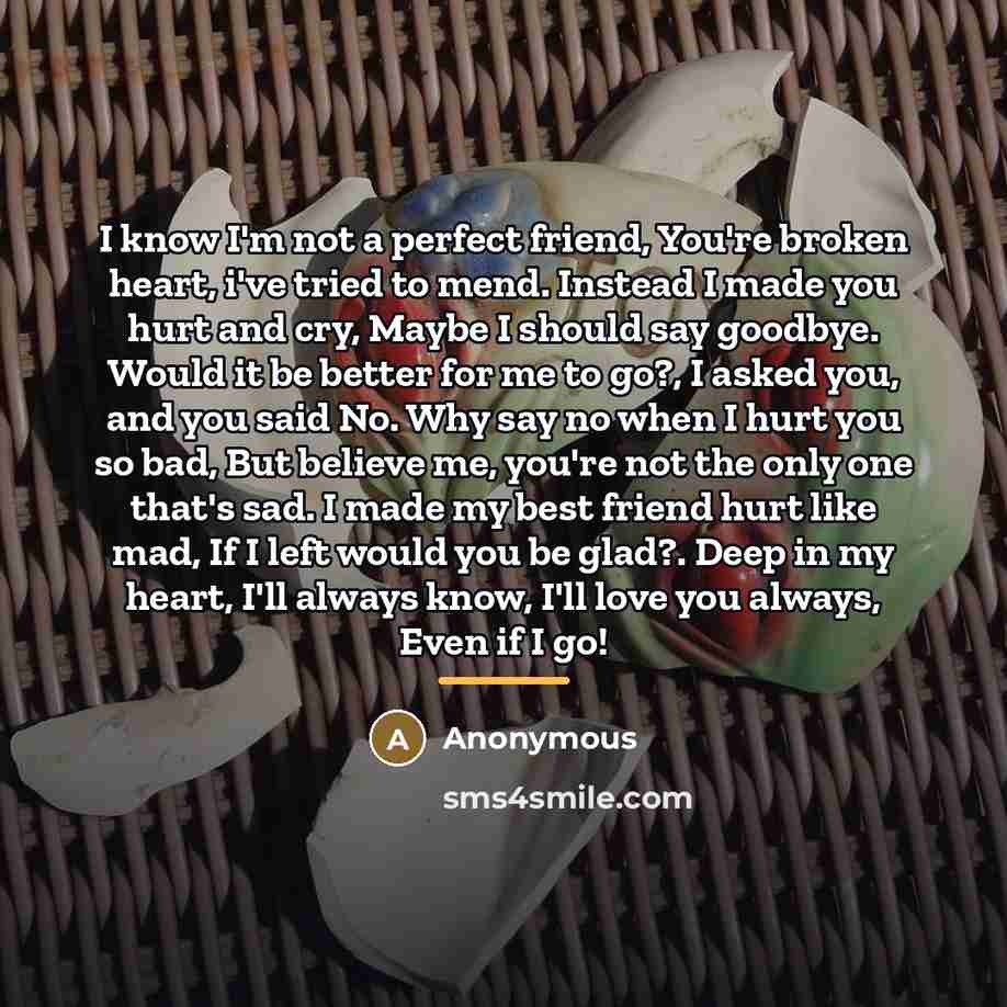 “I know I'm not a perfect friend, You're broken heart,…” quote by Anonymous