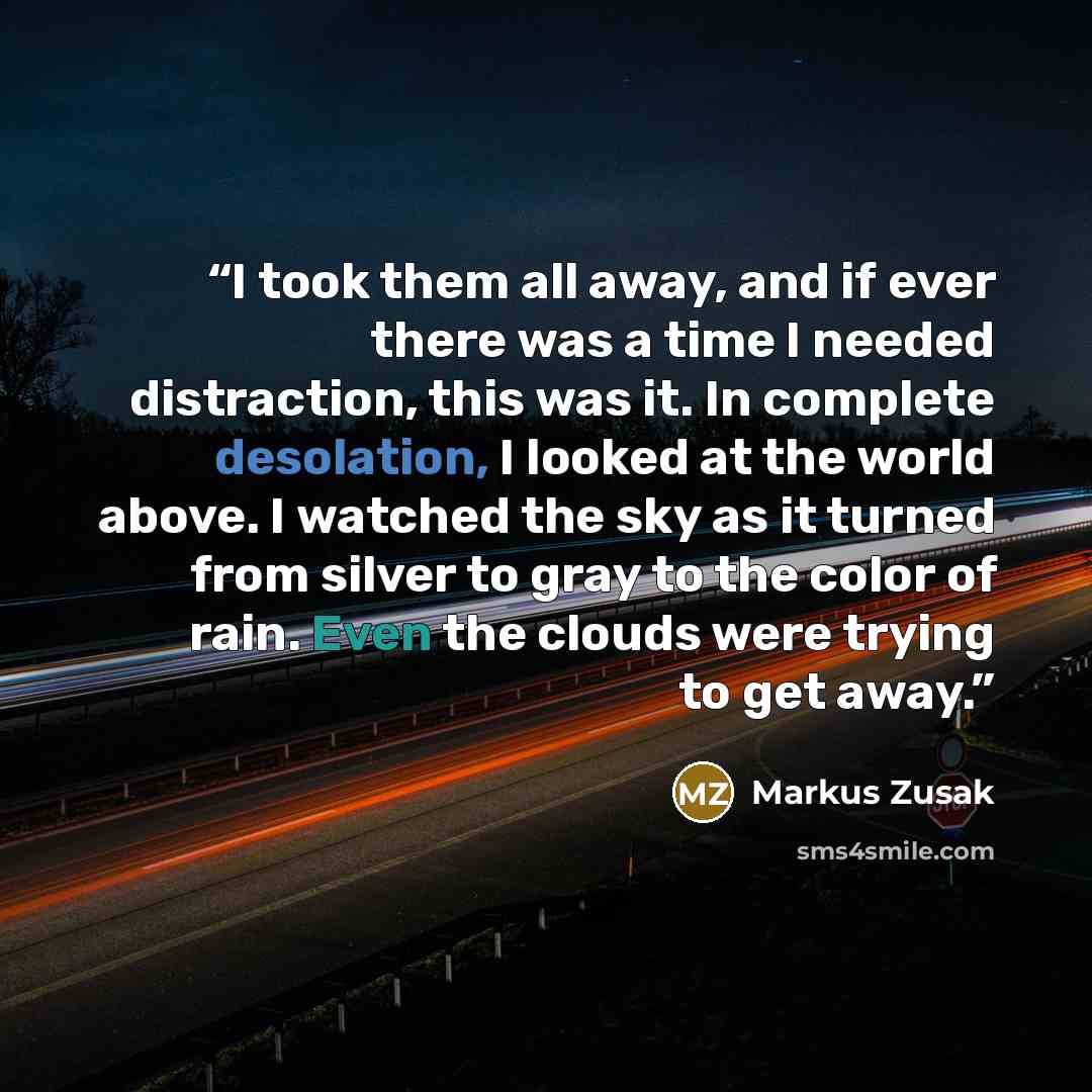 “I took them all away, and if ever there was a time I needed distraction, this was it. In complete desolation, I looked at the world above. I watched the sky as it turned from silver to gray to the color of rain. Even the clouds were trying to get away.” quote by Markus Zusak