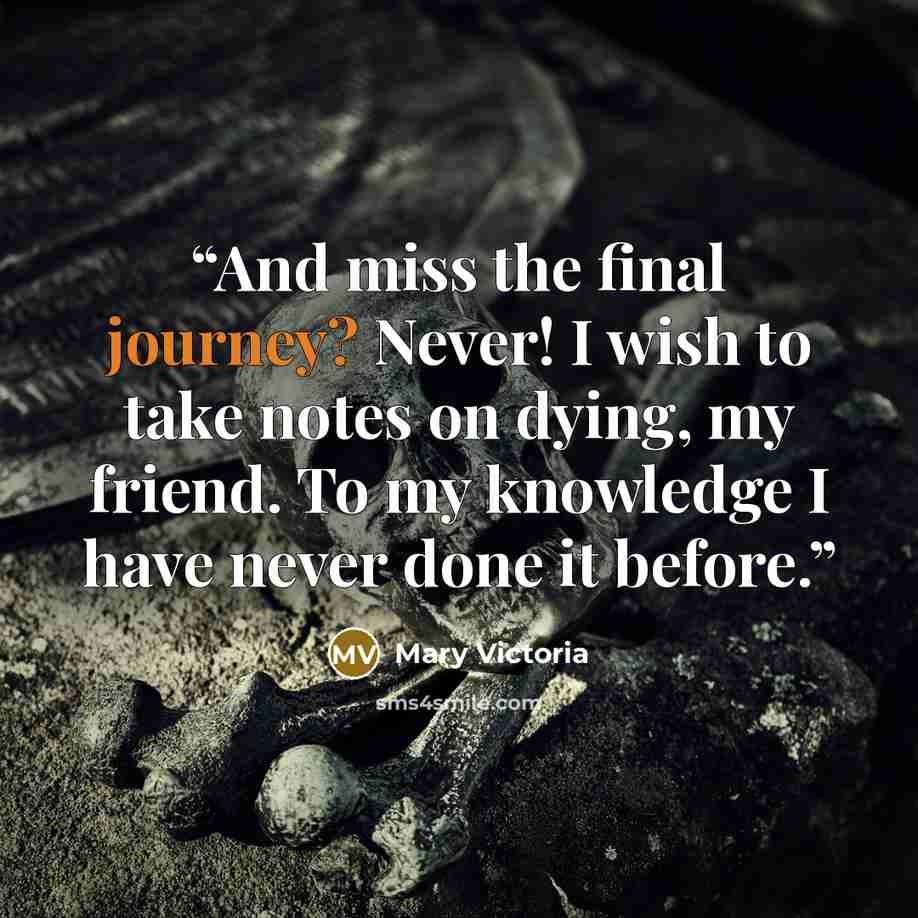 “And miss the final journey? Never! I wish to take notes on dying, my friend. To my knowledge I have never done it before.” quote by Mary Victoria