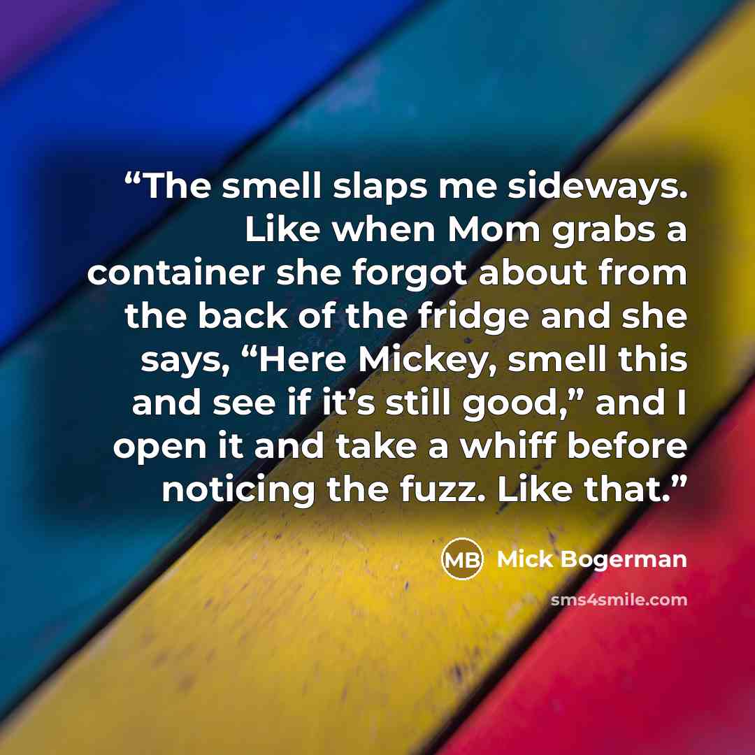 “The smell slaps me sideways. Like when Mom grabs a container she forgot about from the back of the fridge and she says, “Here Mickey, smell this and see if it’s still good,” and I open it and take a whiff before noticing the fuzz. Like that.” quote by Mick Bogerman