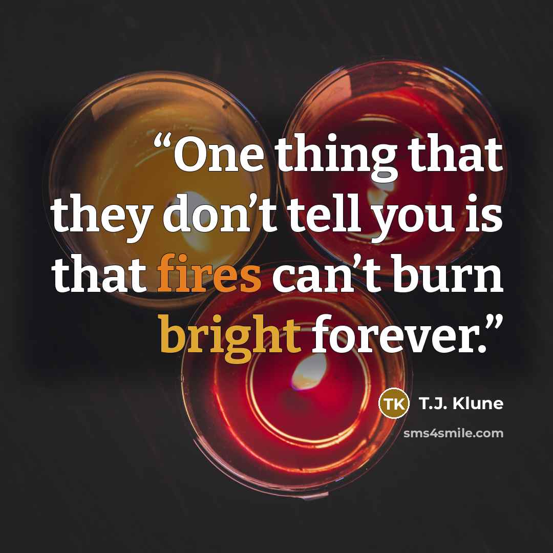 “One thing that they don’t tell you is that fires can’t burn bright forever.” quote by T.J. Klune