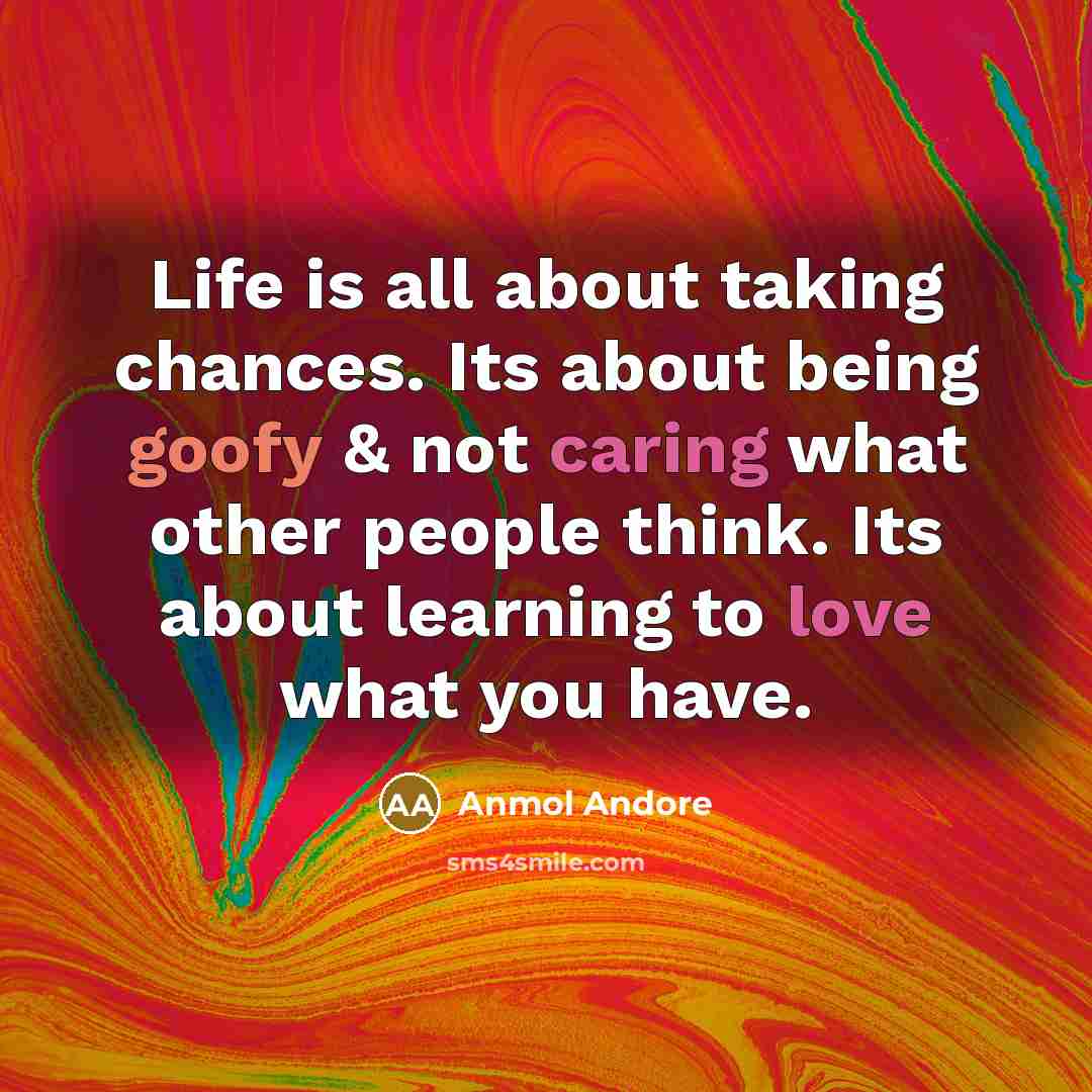 “Life is all about taking chances. Its about being goofy & not caring what other people think. Its about learning to love what you have.” quote by Anmol Andore