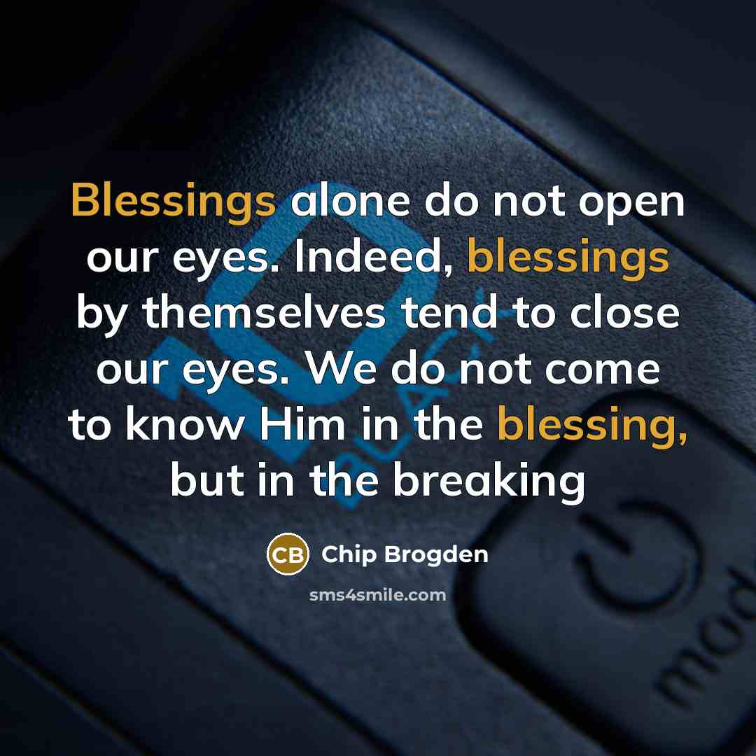 “Blessings alone do not open our eyes. Indeed, blessings by themselves tend to close our eyes. We do not come to know Him in the blessing, but in the breaking” quote by Chip Brogden