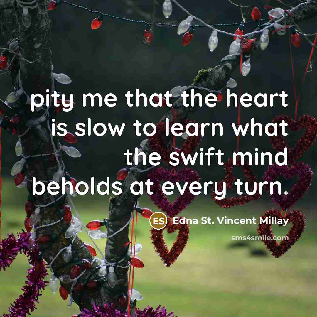 “pity me that the heart is slow to learn what…” quote by Edna St. Vincent Millay