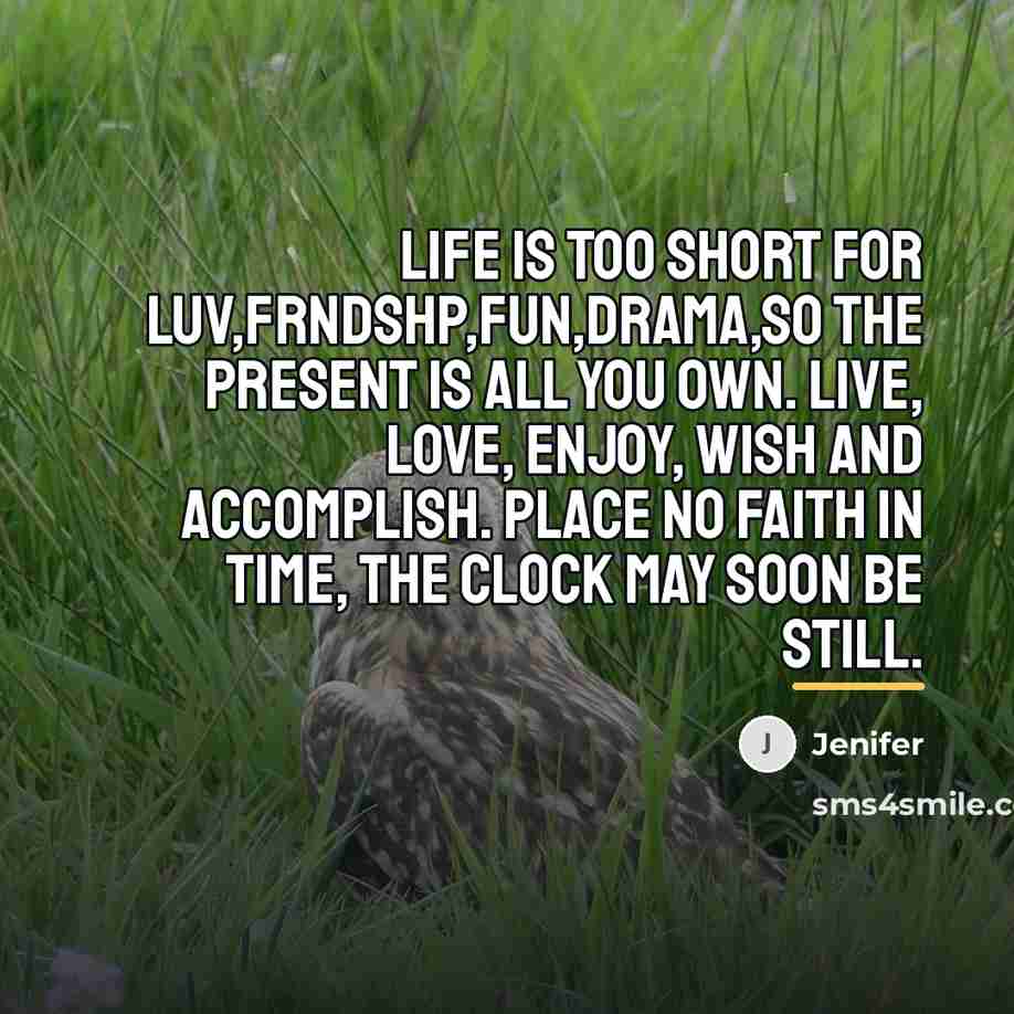 “Life is too short for luv,frndshp,fun,drama,so The present is all…” quote by Jenifer